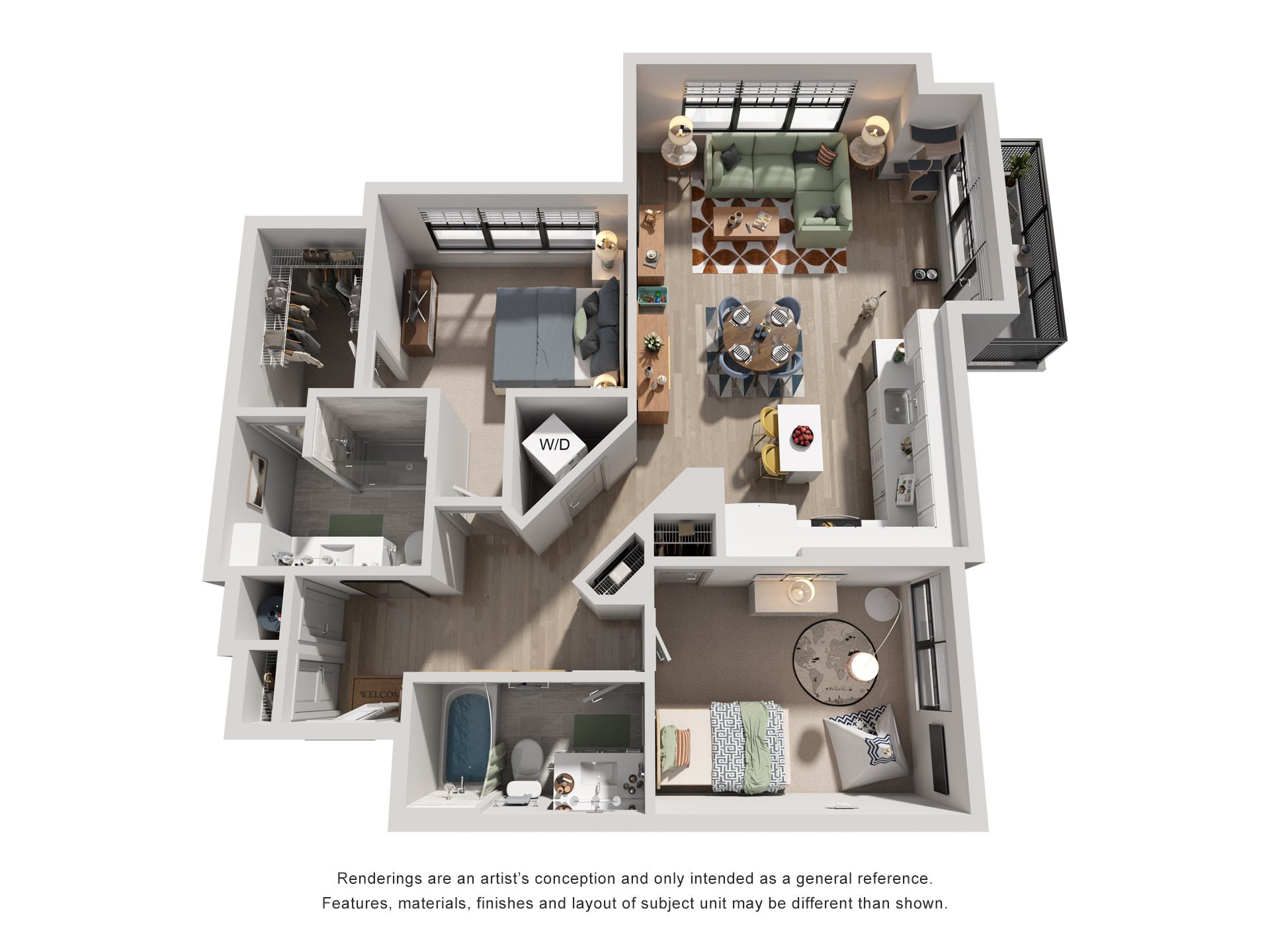 Floor plan for 2 beds, 2 baths, 1127 sqft